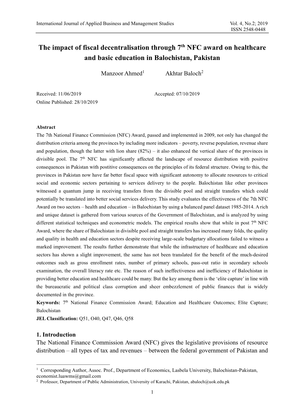 The Impact of Fiscal Decentralisation Through 7Th NFC Award on Healthcare and Basic Education in Balochistan, Pakistan