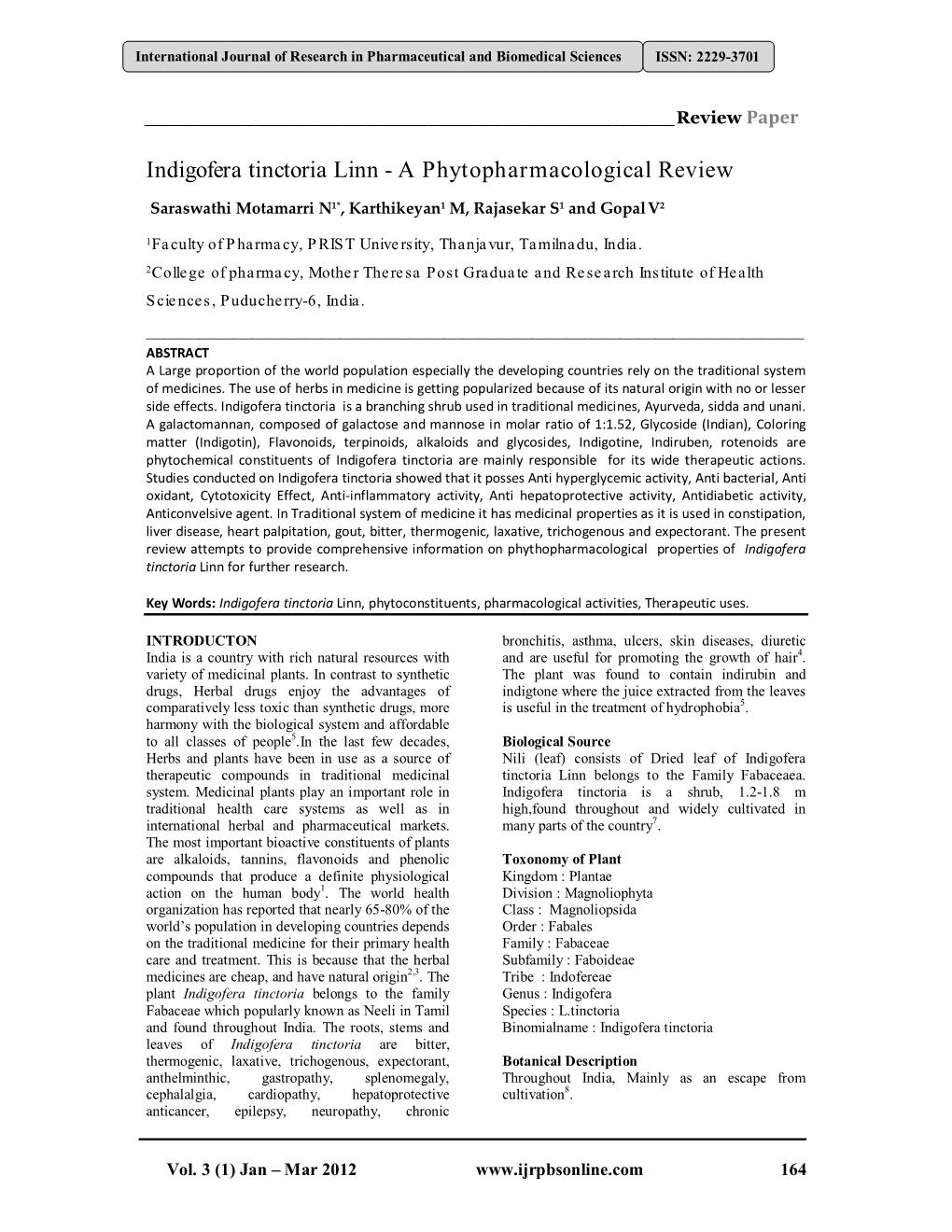 Indigofera Tinctoria Linn - a Phytopharmacological Review