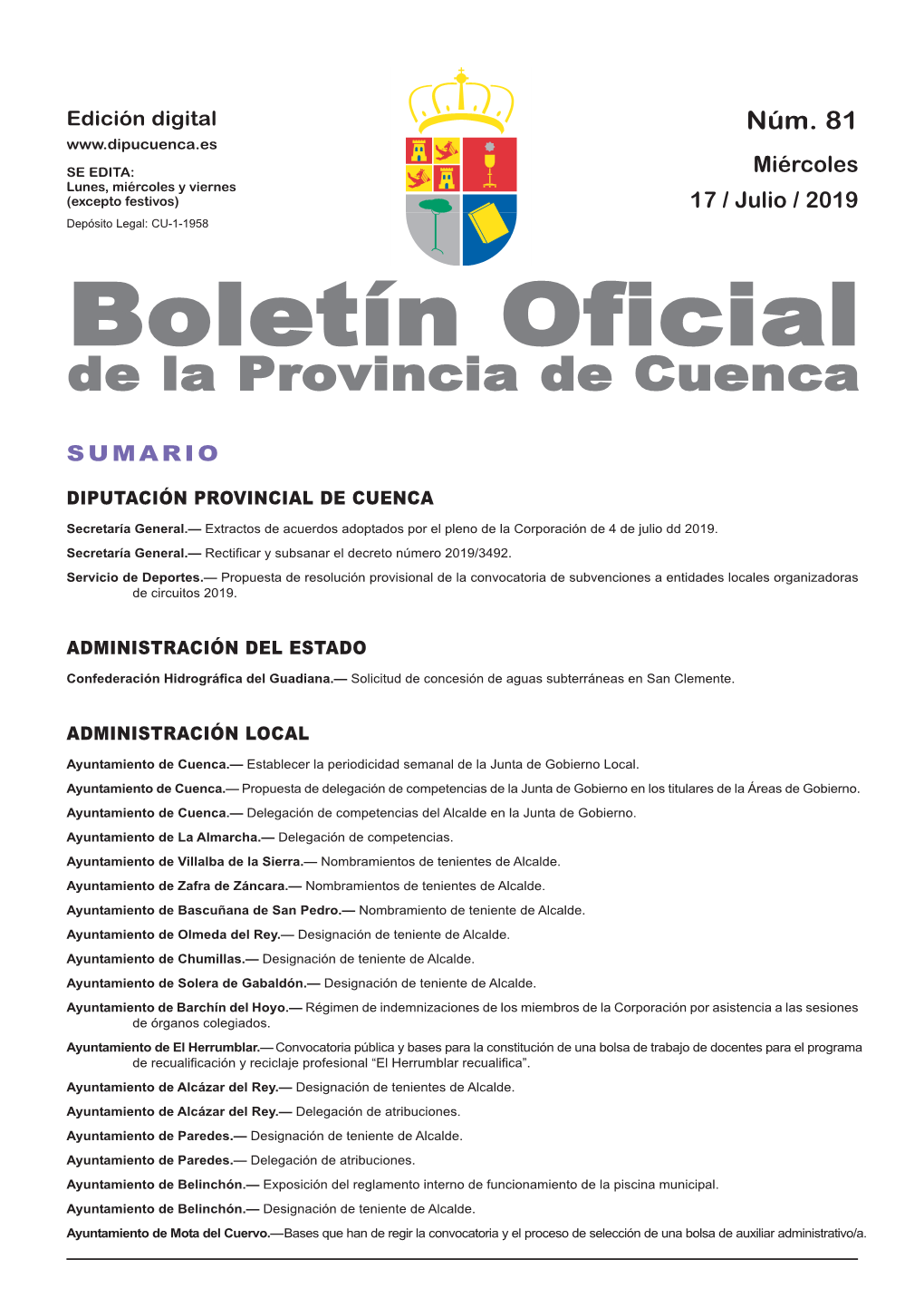 Boletín Oficial De La Provincia De Cuenca Sumario Diputación Provincial De Cuenca