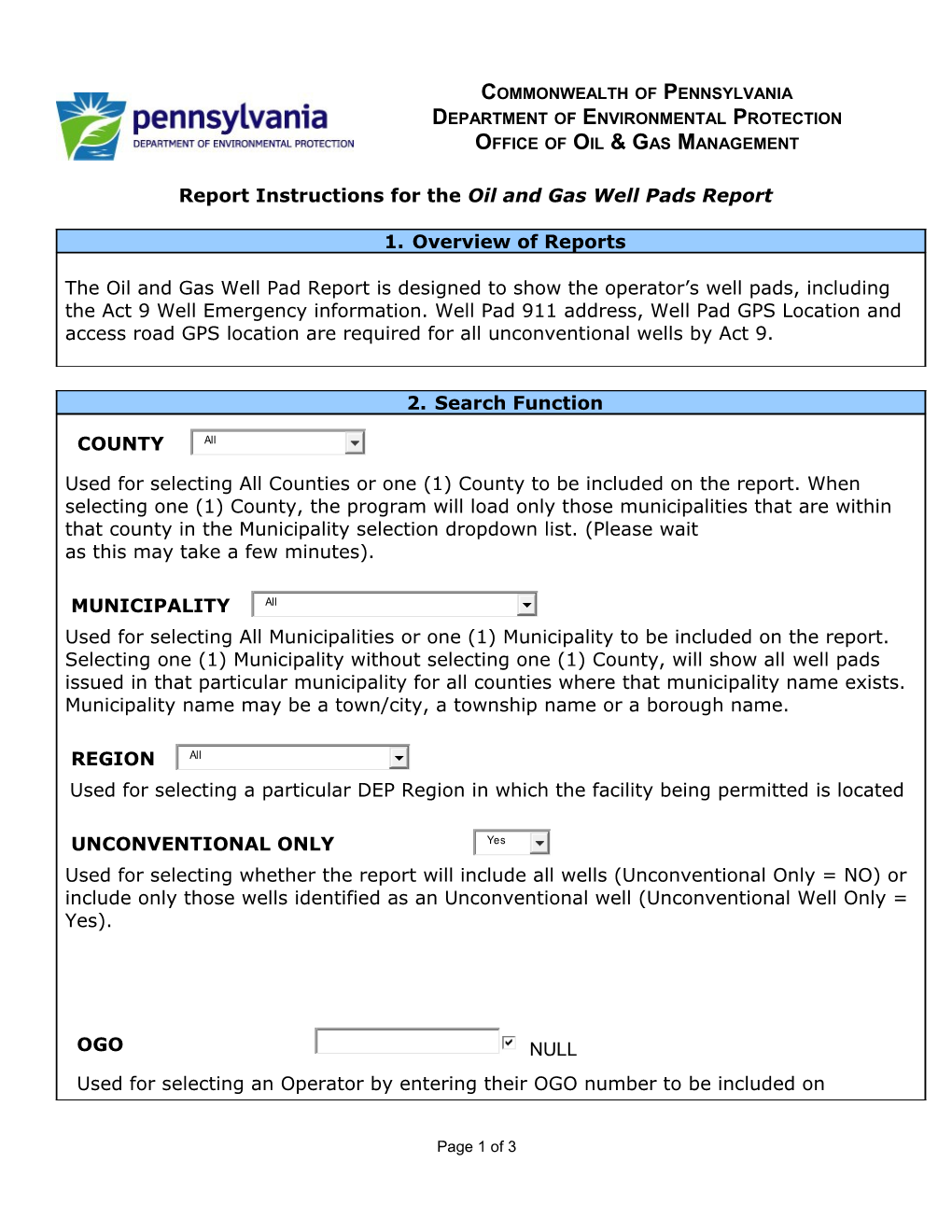 Report Instructions for the Oil and Gas Well Pads Report