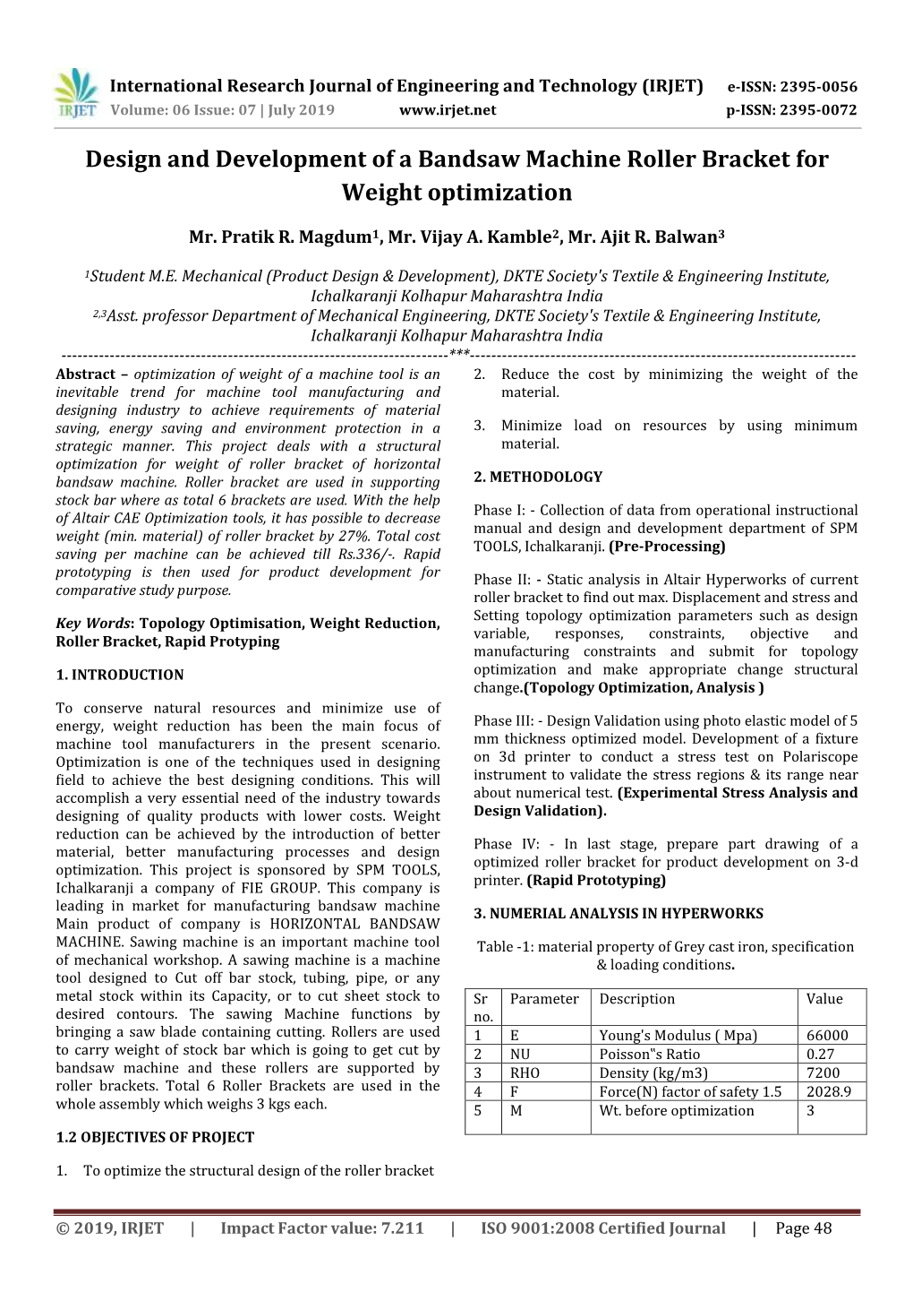 Design and Development of a Bandsaw Machine Roller Bracket for Weight Optimization