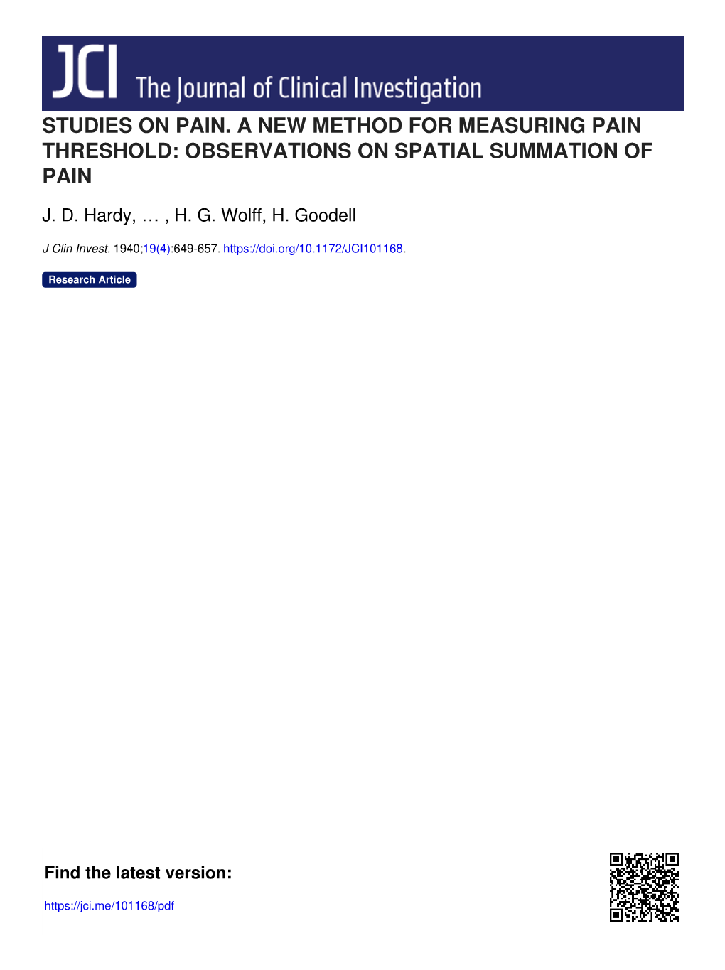 Studies on Pain. a New Method for Measuring Pain Threshold: Observations on Spatial Summation of Pain