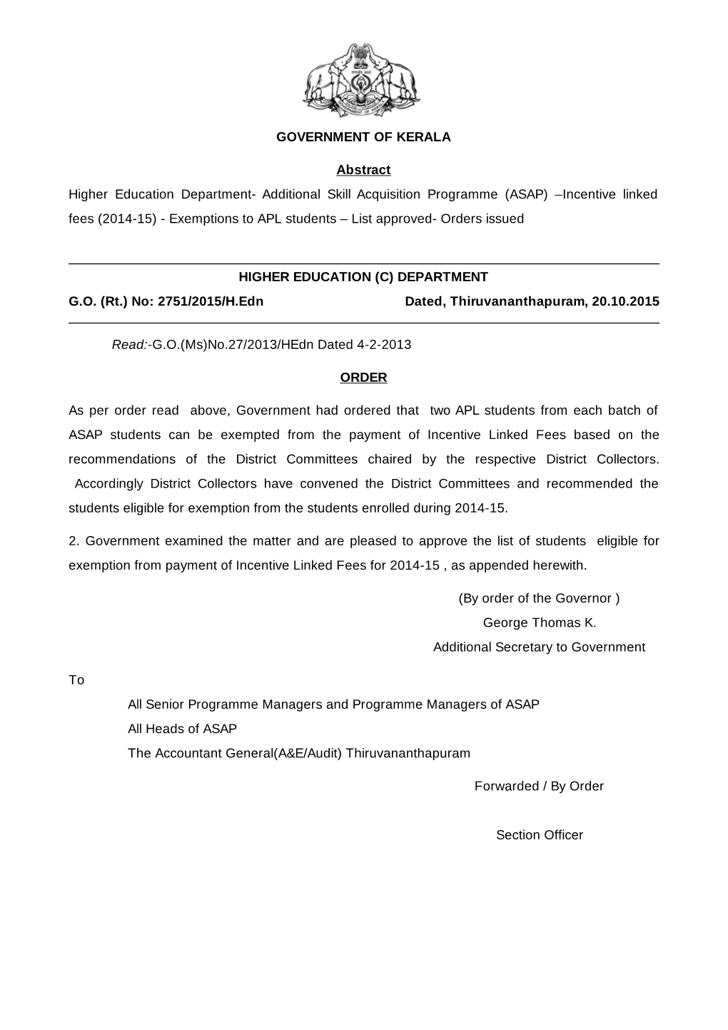 (2014-15) - Exemptions to APL Students – List Approved- Orders Issued