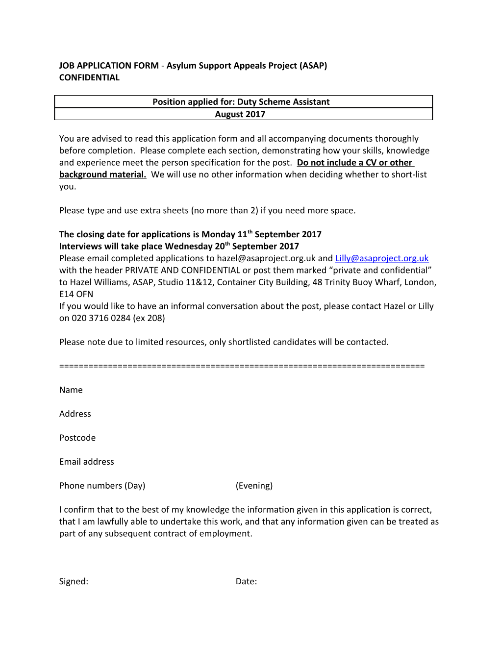 JOB APPLICATION FORM - Asylum Support Appeals Project (ASAP)