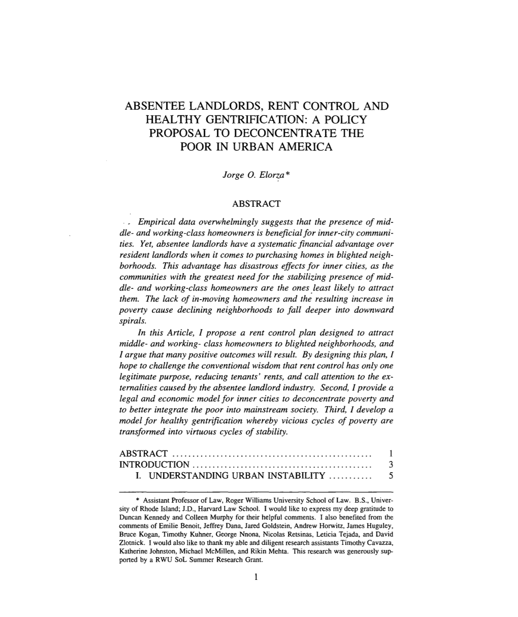 Absentee Landlords, Rent Control and Healthy Gentrification: a Policy Proposal to Deconcentrate the Poor in Urban America