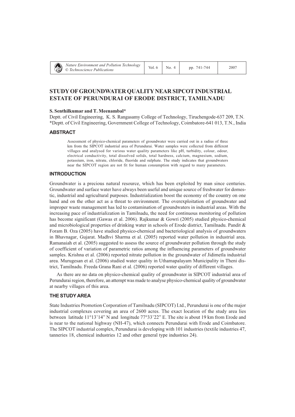 Study of Groundwater Quality Near Sipcot Industrial Estate of Perundurai of Erode District, Tamilnadu