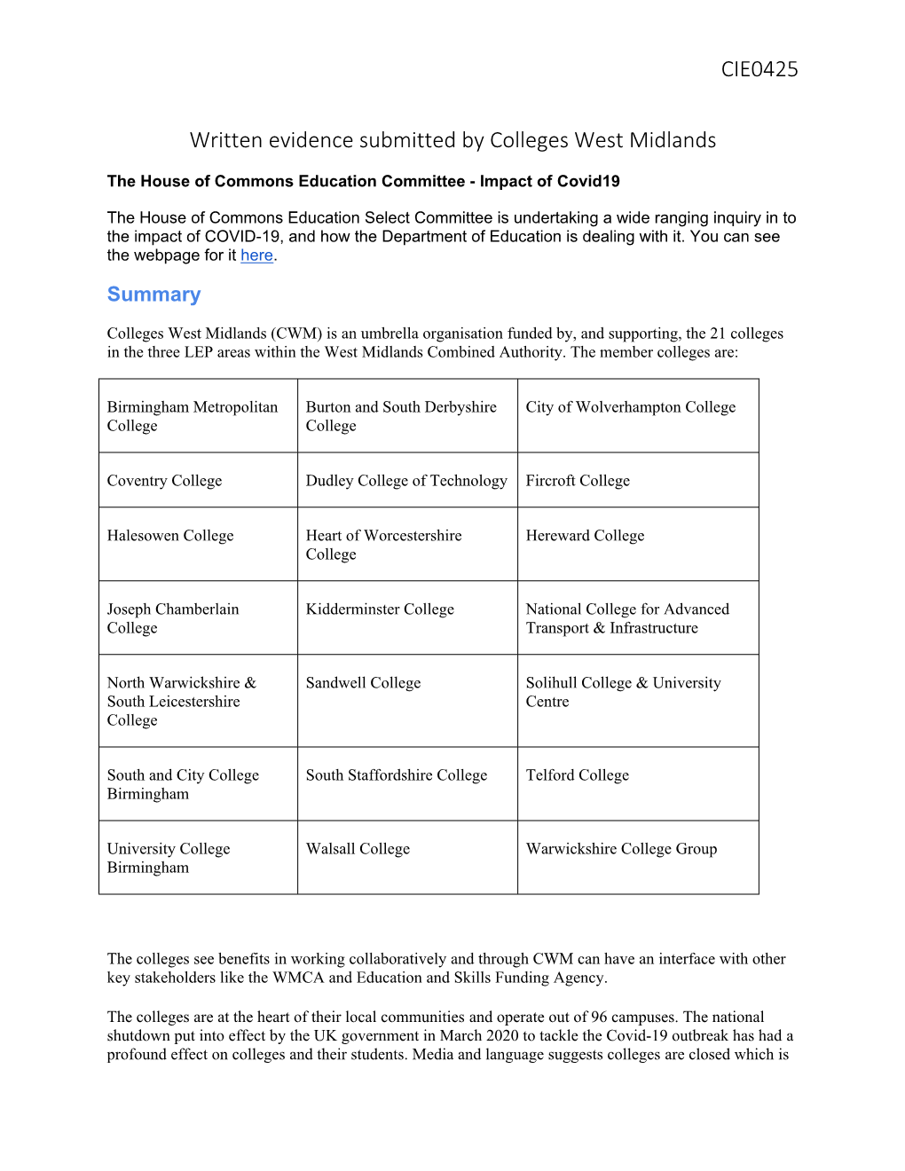 CIE0425 Written Evidence Submitted by Colleges West Midlands