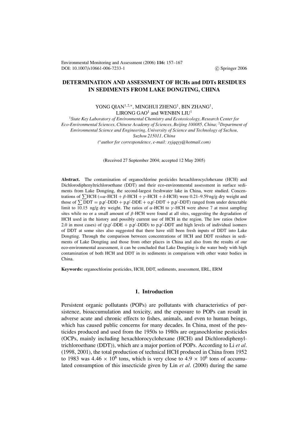 DETERMINATION and ASSESSMENT of Hchs and Ddts RESIDUES in SEDIMENTS from LAKE DONGTING, CHINA