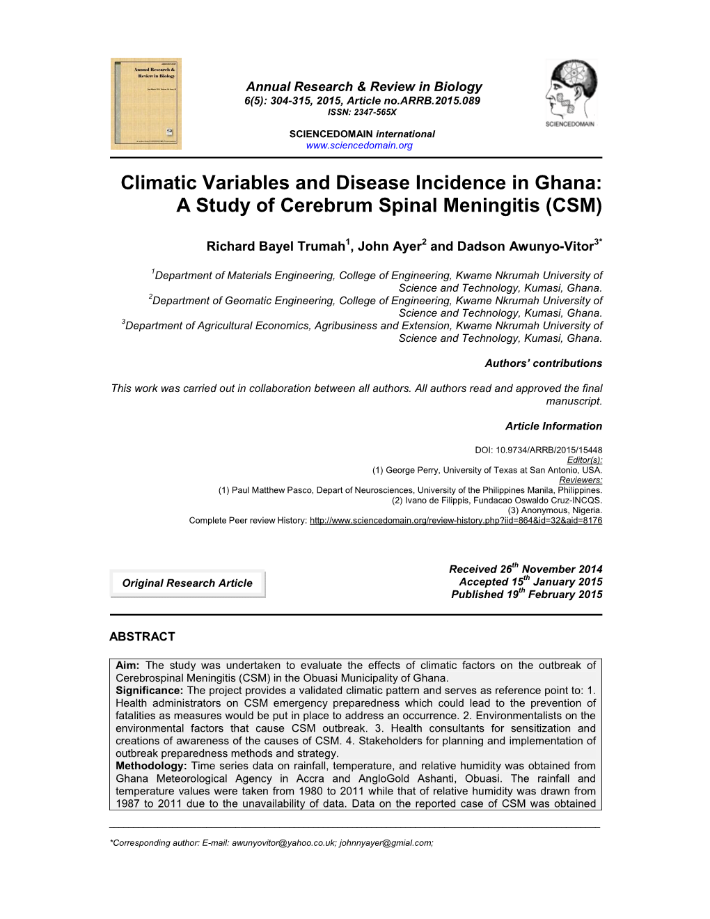 Climatic Variables and Disease Incidence in Ghana: a Study of Cerebrum Spinal Meningitis (CSM)