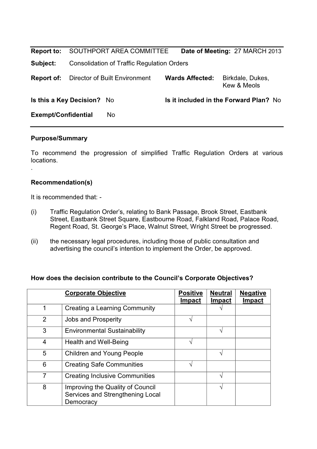 Consolidation of Traffic Regulation Orders Repor