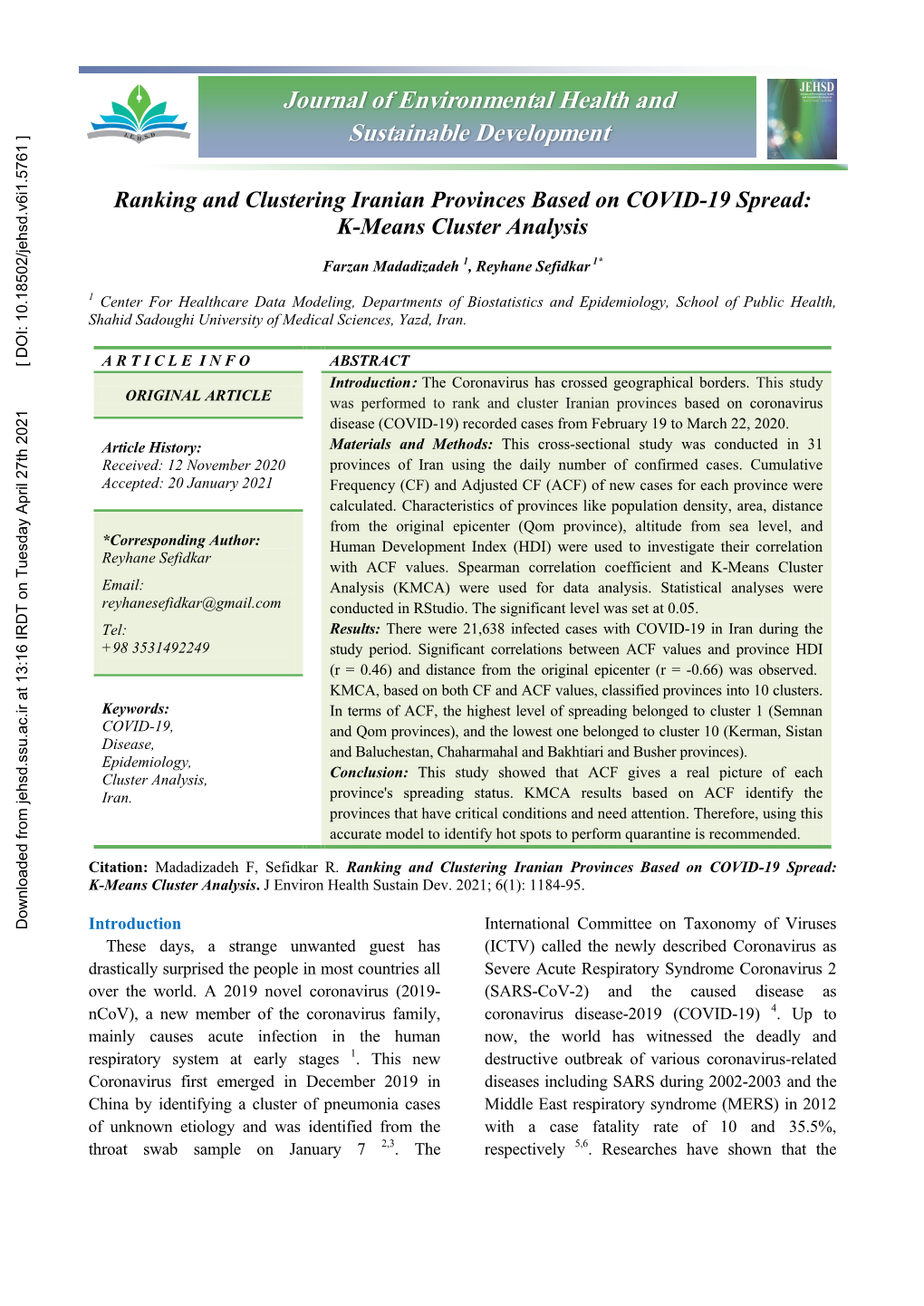 Ranking and Clustering Iranian Provinces Based on COVID-19 Spread: K-Means Cluster Analysis