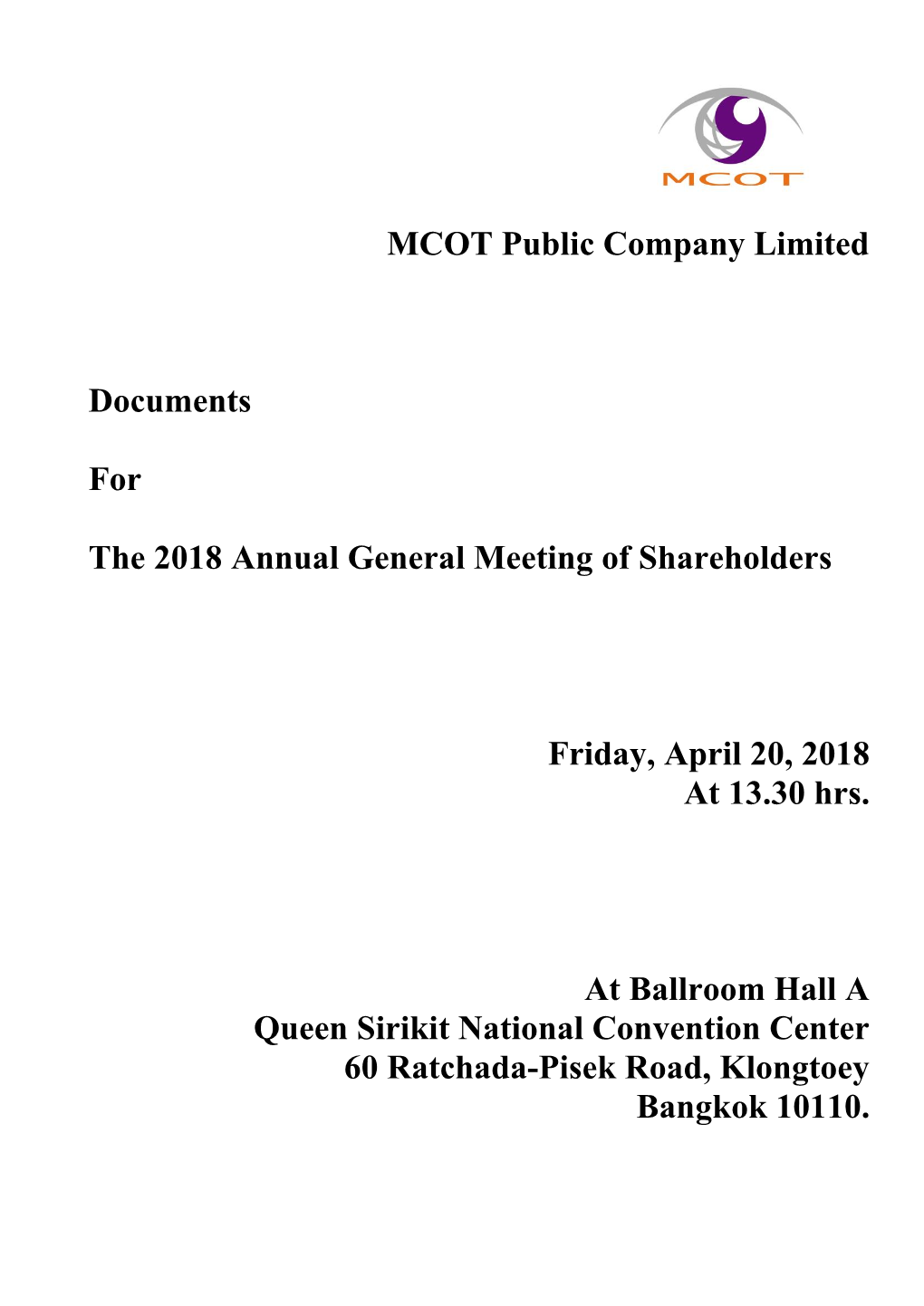 MCOT Public Company Limited Documents for the 2018 Annual
