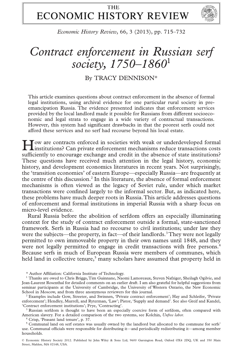 Contract Enforcement in Russian Serf Society, 1750Â•Fi18601