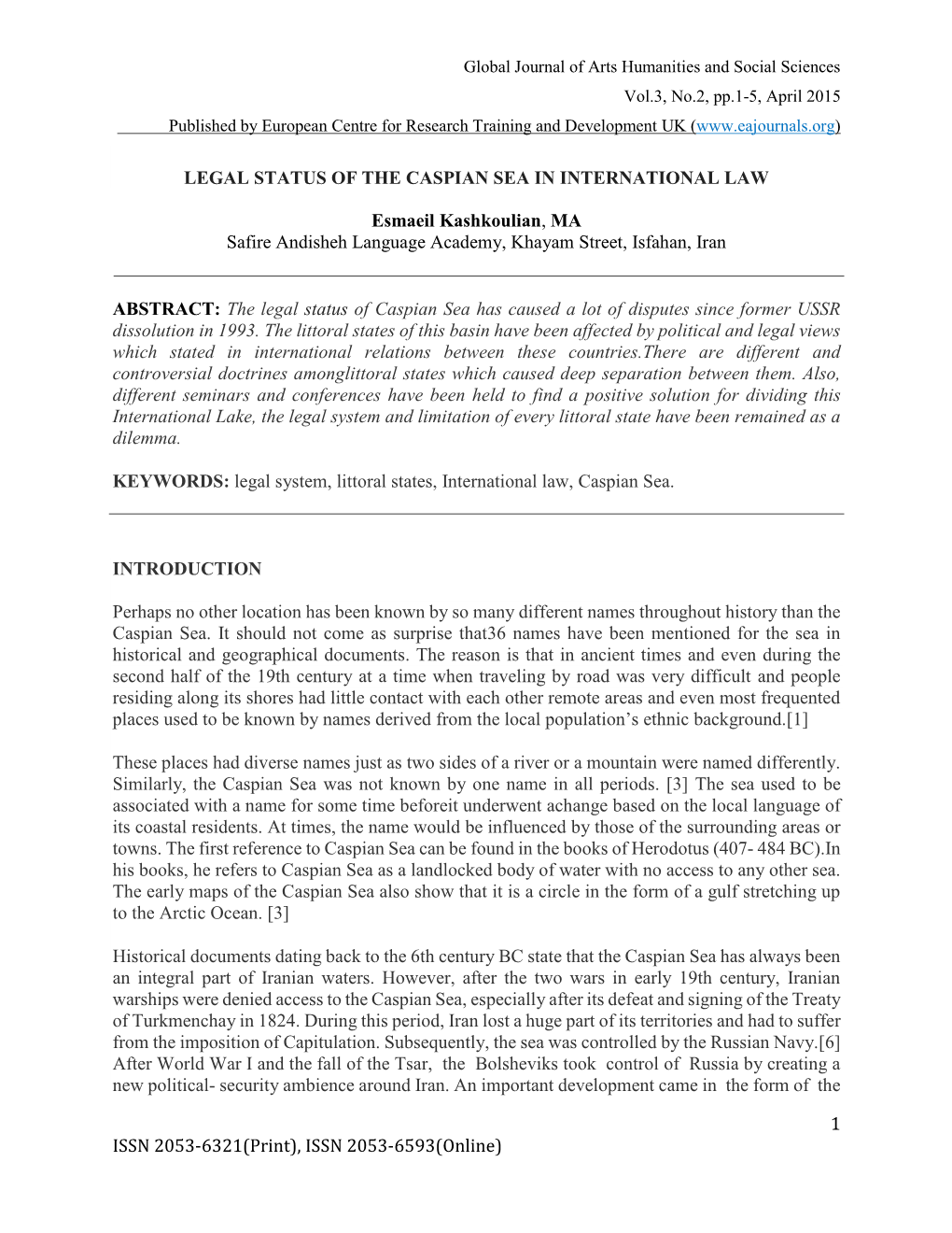 Legal Status of the Caspian Sea in International Law