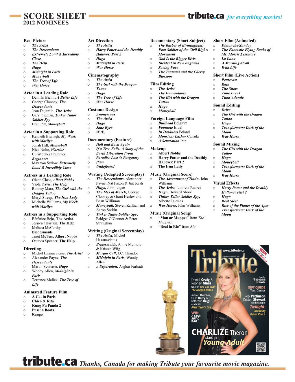 SCORE SHEET for Everything Movies! 2012 NOMINEES