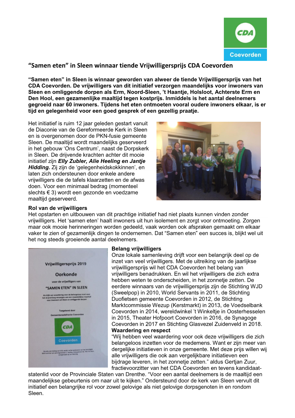 “Samen Eten” in Sleen Winnaar Tiende Vrijwilligersprijs CDA Coevorden