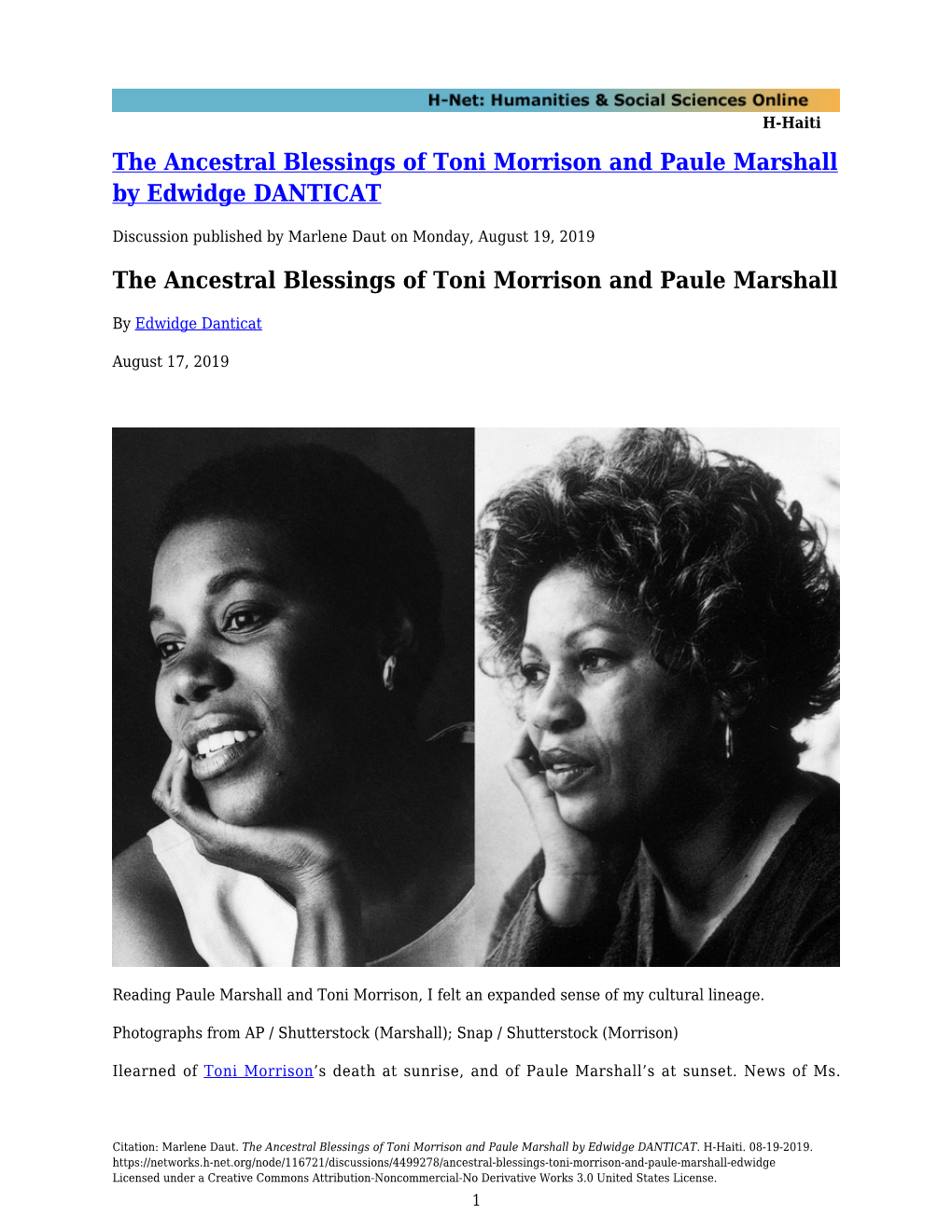 The Ancestral Blessings of Toni Morrison and Paule Marshall by Edwidge DANTICAT