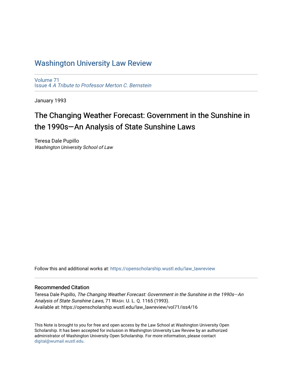 The Changing Weather Forecast: Government in the Sunshine in the 1990S—An Analysis of State Sunshine Laws