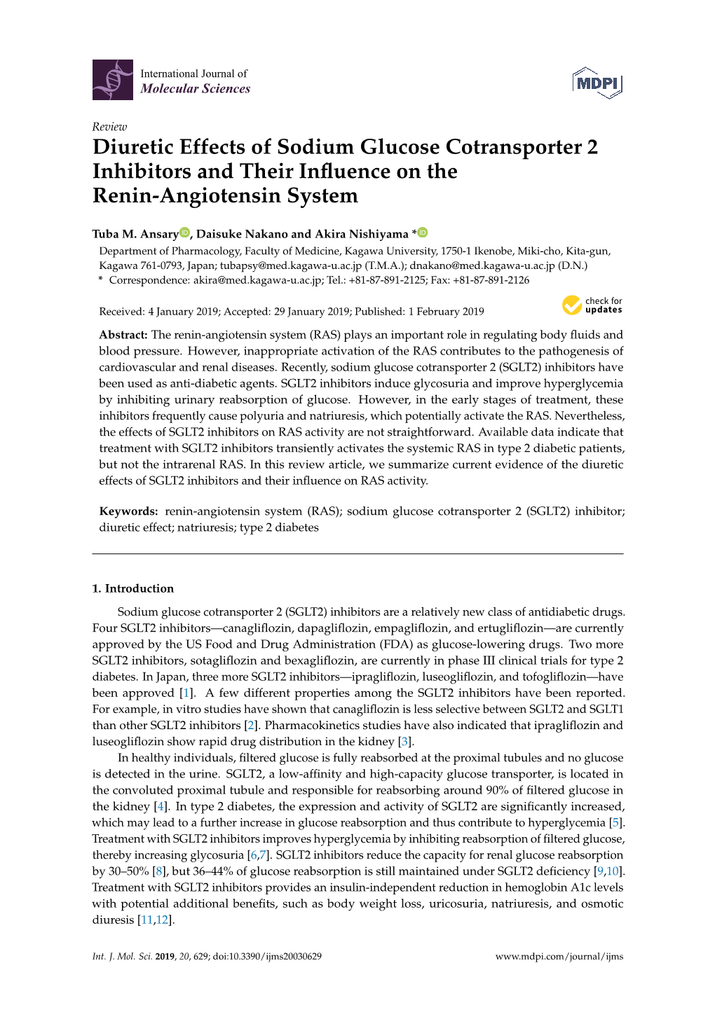 Diuretic Effects of Sodium Glucose Cotransporter 2 Inhibitors and Their Inﬂuence on the Renin-Angiotensin System