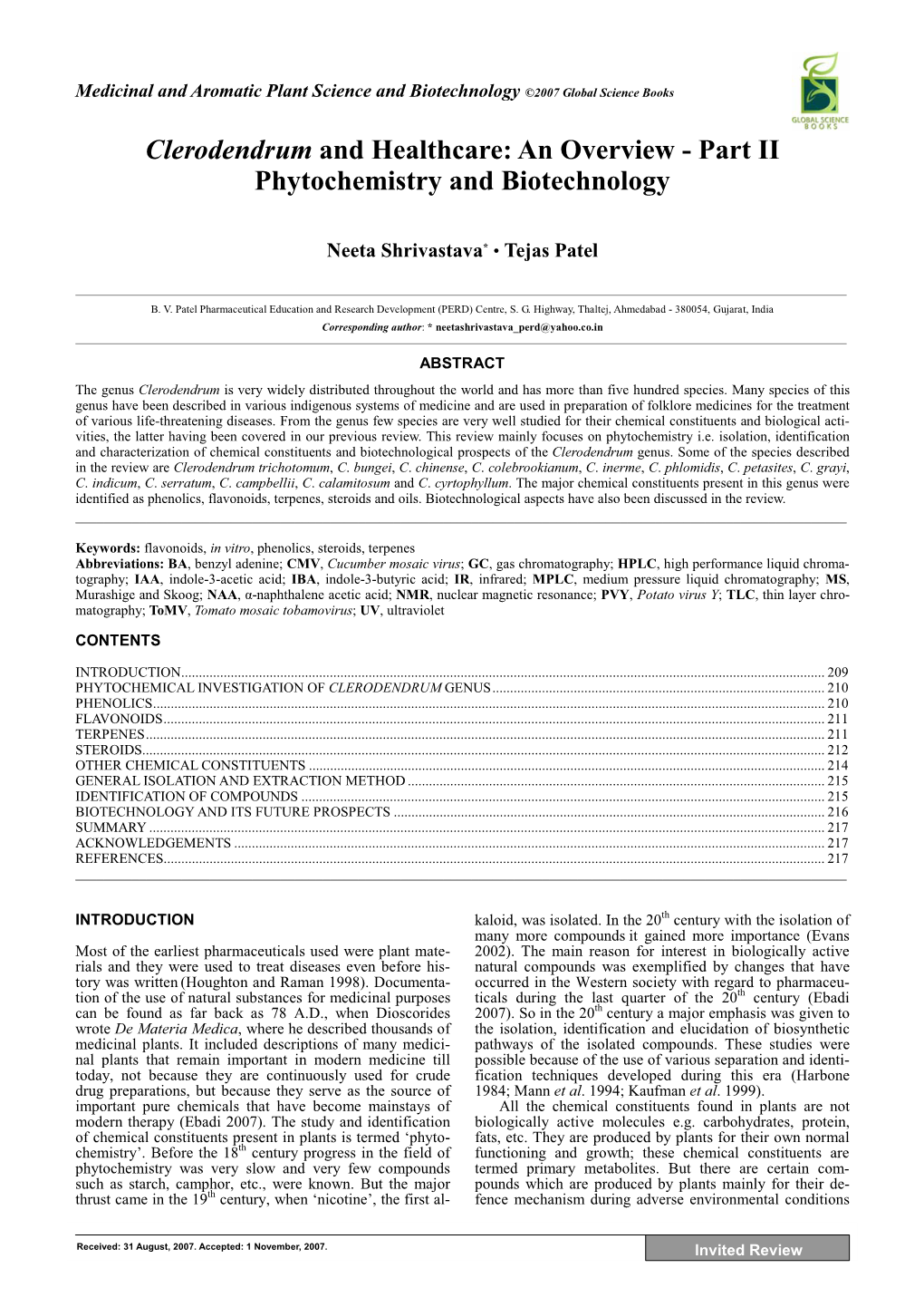 Clerodendrum and Healthcare: an Overview - Part II Phytochemistry and Biotechnology