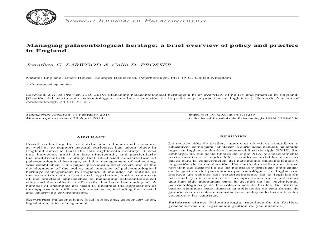 Managing Palaeontological Heritage: a Brief Overview of Policy and Practice in England