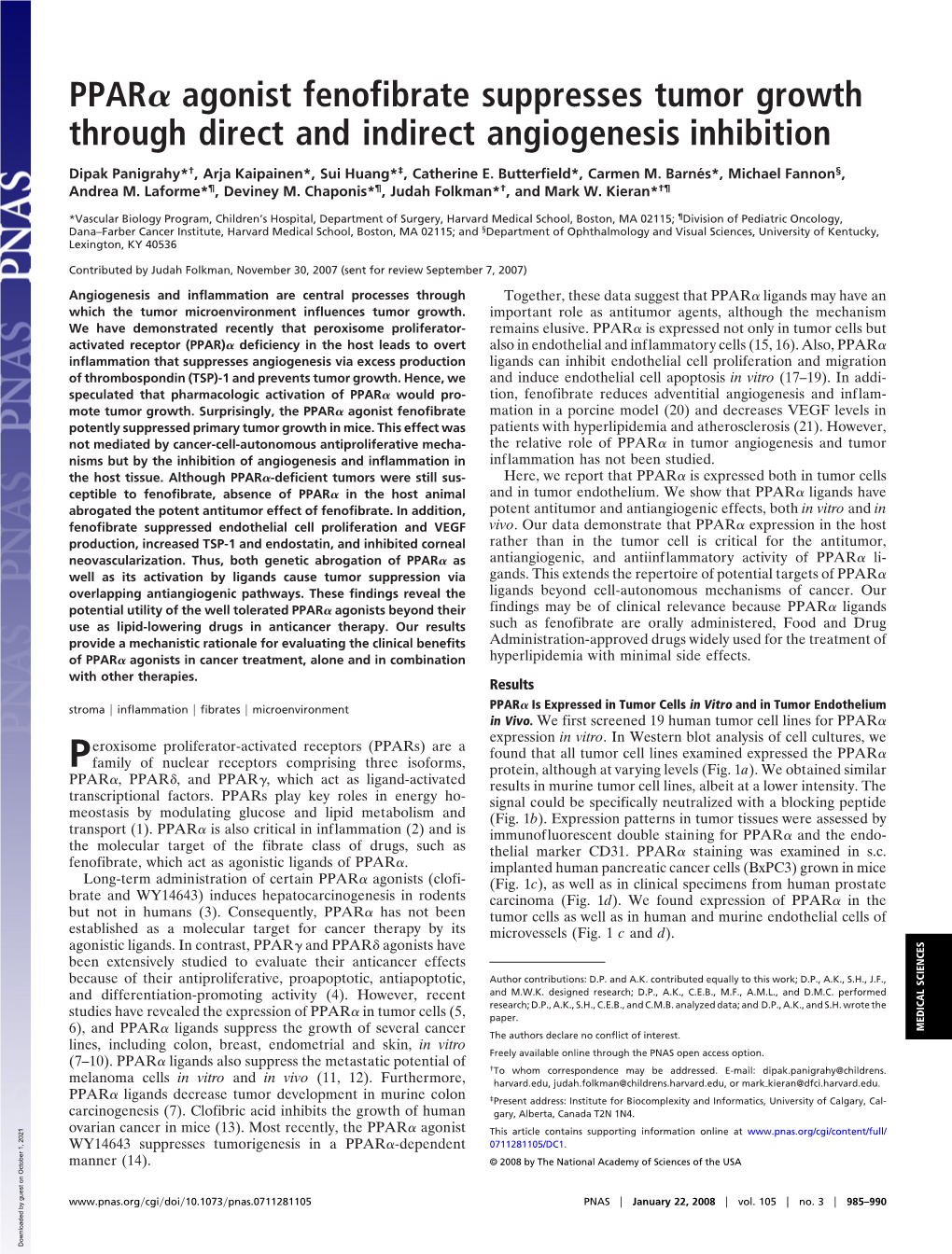 PPAR Agonist Fenofibrate Suppresses Tumor Growth Through Direct