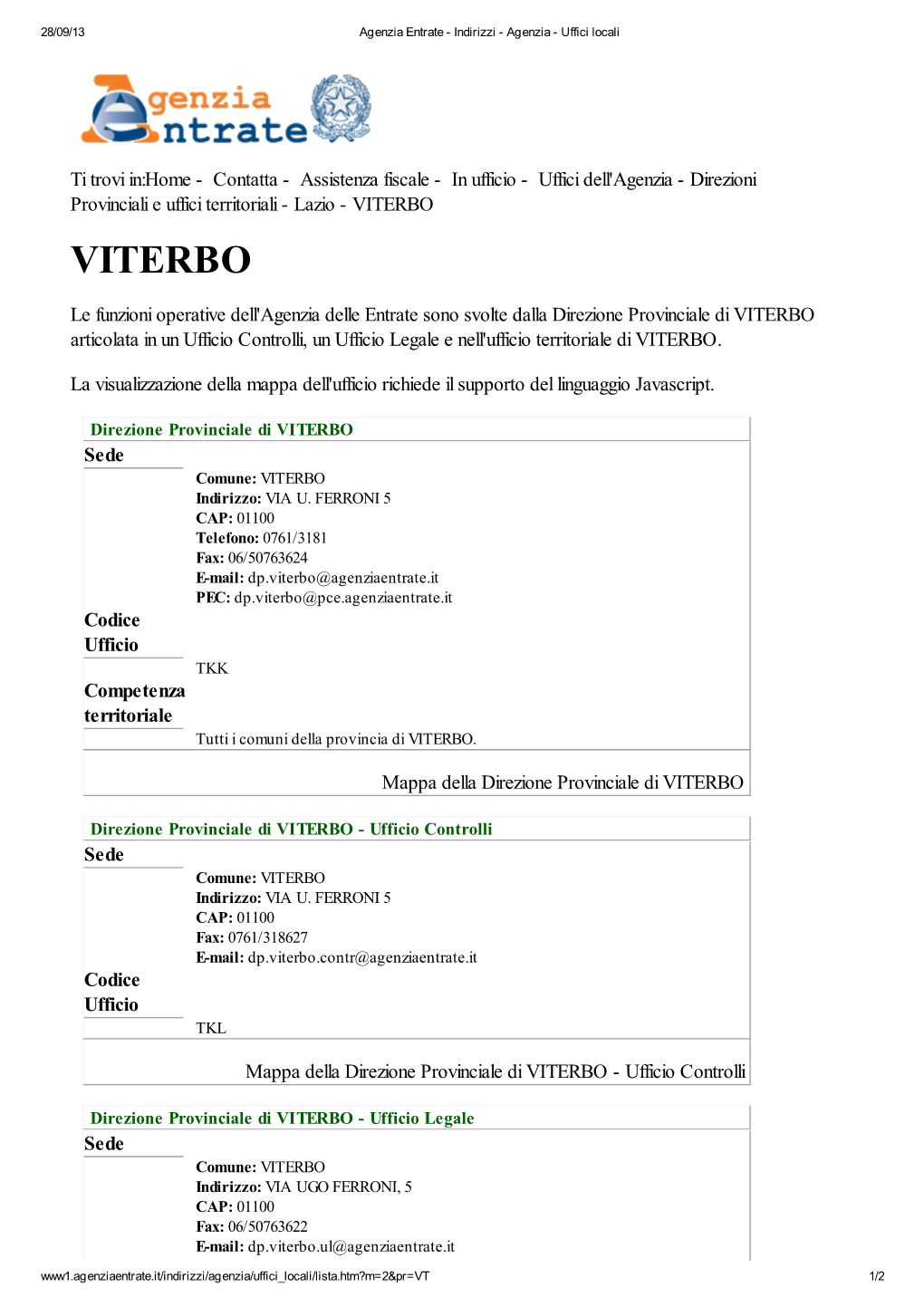 Codici Uffici Agenzia Delle Entrate Della Provincia Di Viterbo