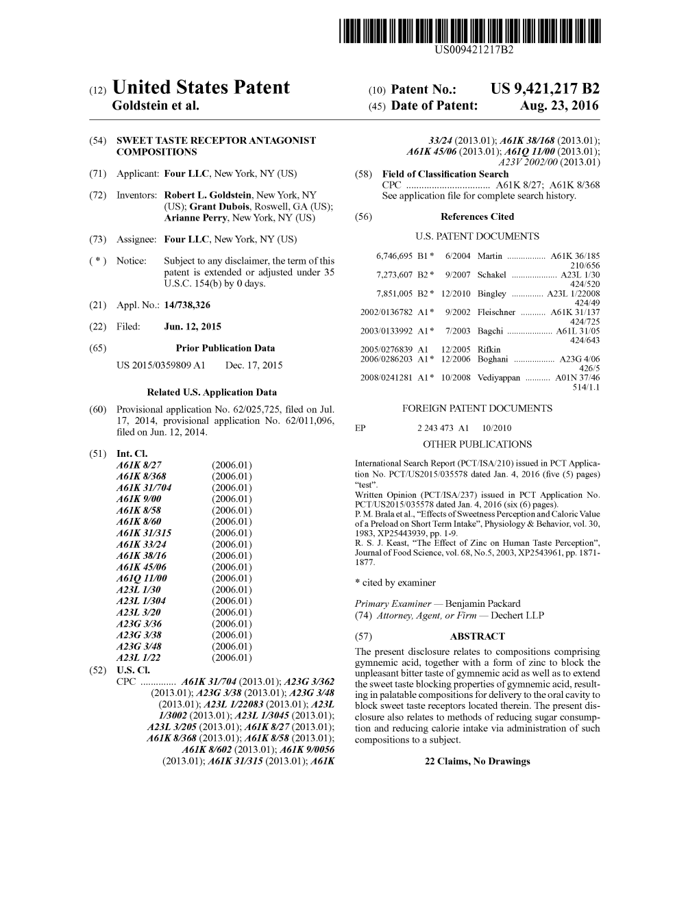 (12) United States Patent (10) Patent No.: US 9.421,217 B2 Goldstein Et Al