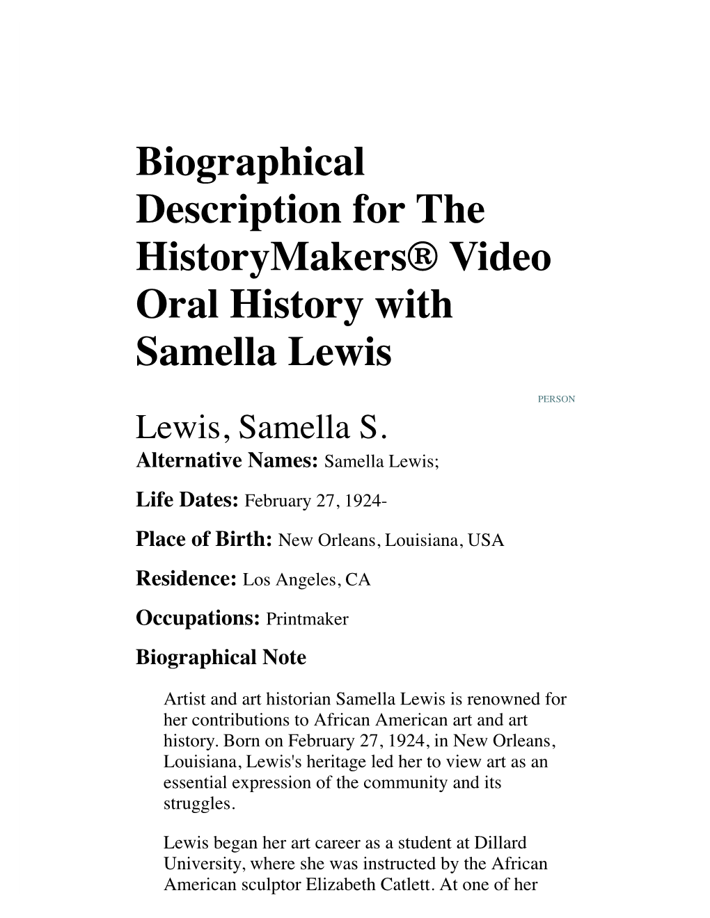 Biographical Description for the Historymakers® Video Oral History with Samella Lewis