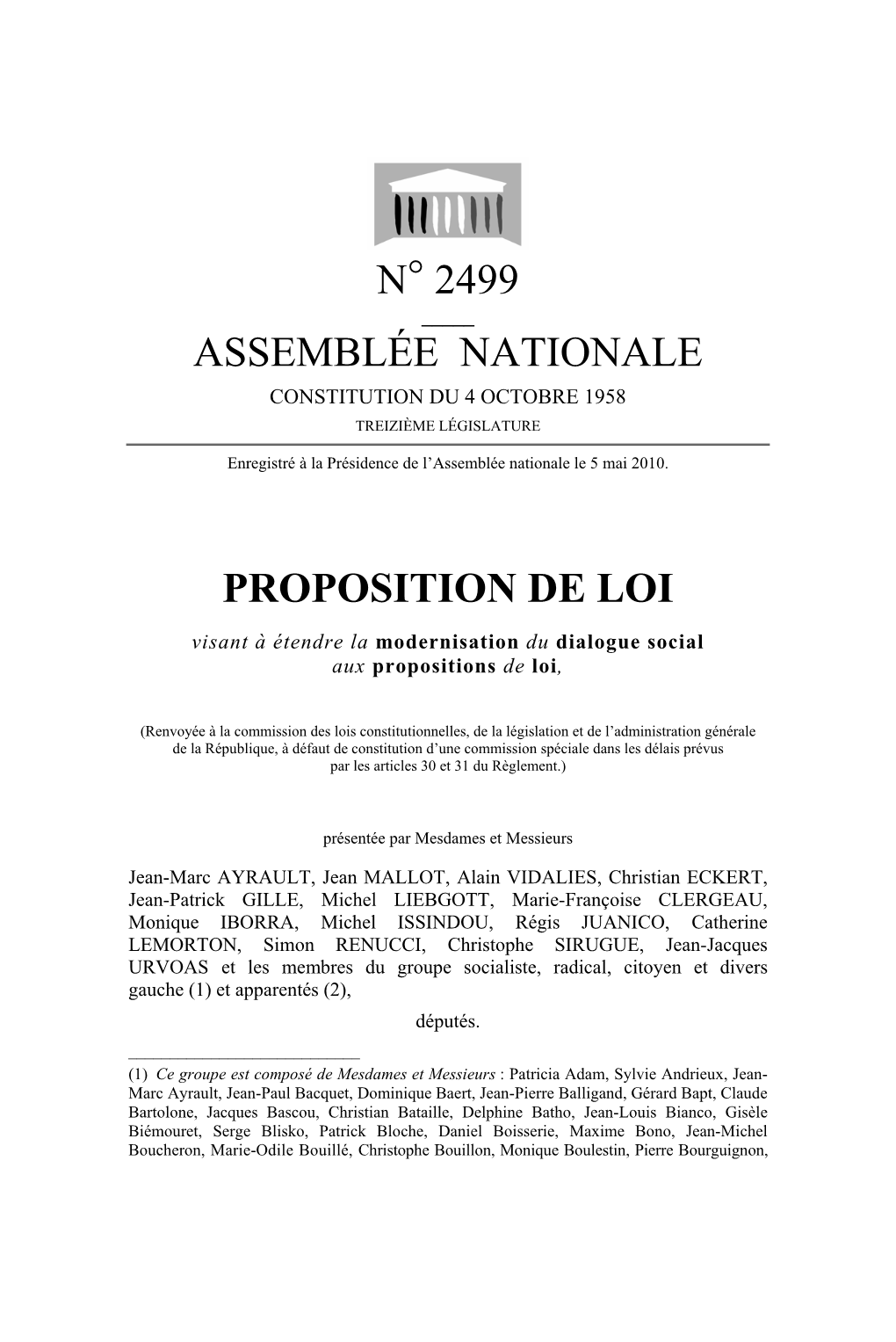 N° 2499 Assemblée Nationale Proposition De