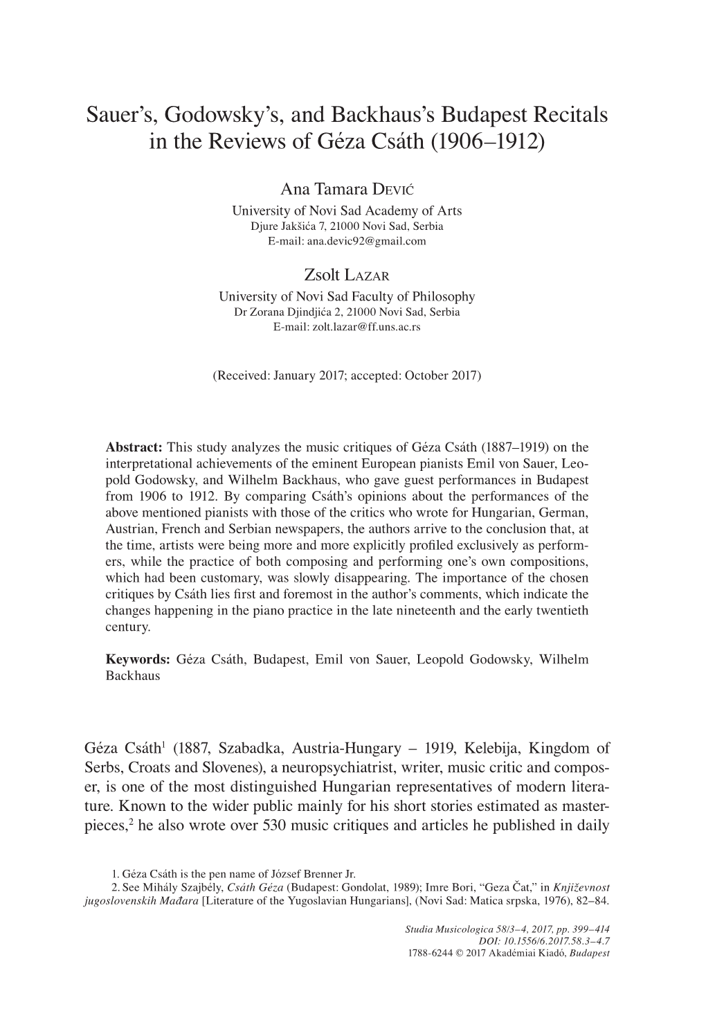 Sauer's, Godowsky's, and Backhaus's Budapest Recitals in the Reviews of Géza Csáth (1906–1912)