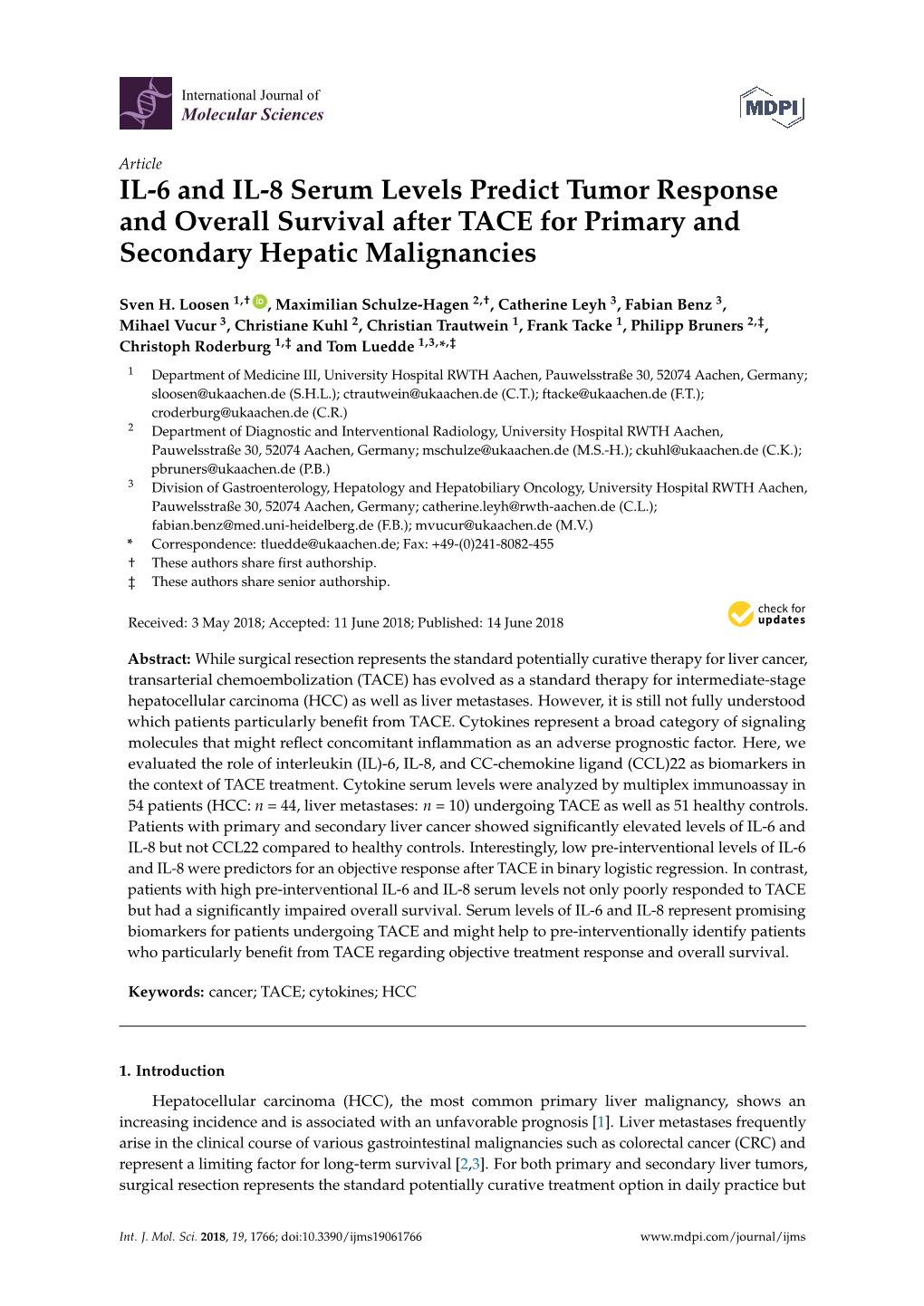 IL-6 and IL-8 Serum Levels Predict Tumor Response and Overall Survival After TACE for Primary and Secondary Hepatic Malignancies