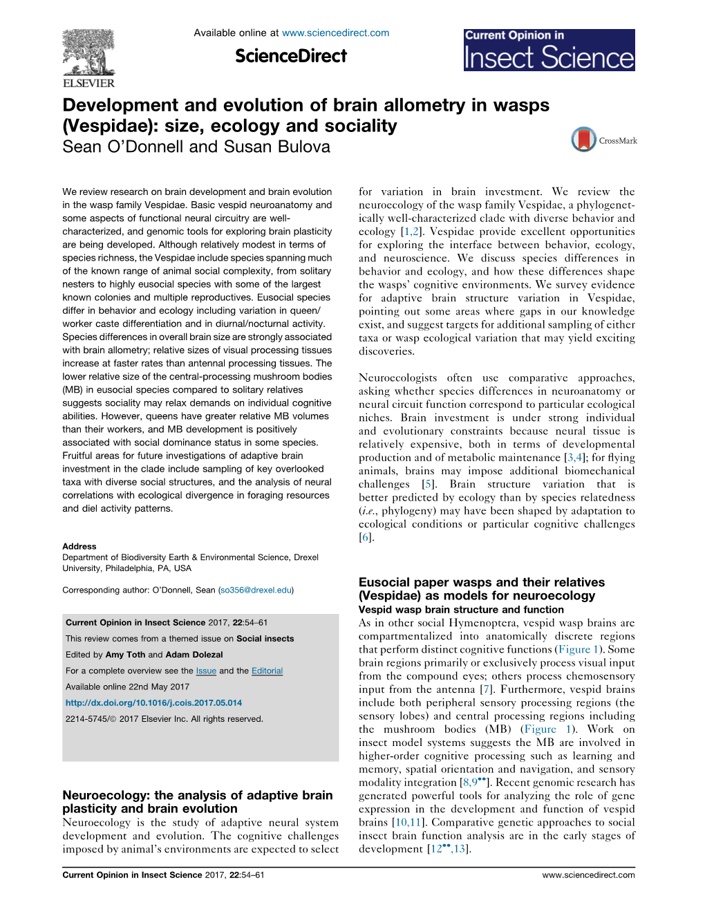 Development and Evolution of Brain Allometry in Wasps (Vespidae): Size, Ecology and Sociality Sean O’Donnell and Susan Bulova