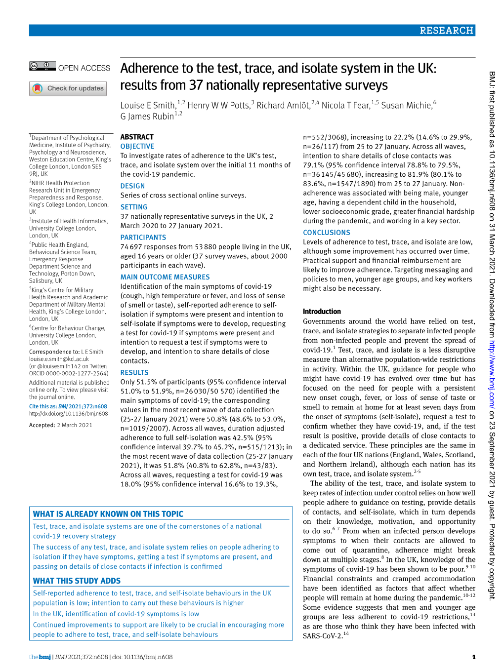 Adherence to the Test, Trace, and Isolate System in the UK: BMJ: First Published As 10.1136/Bmj.N608 on 31 March 2021