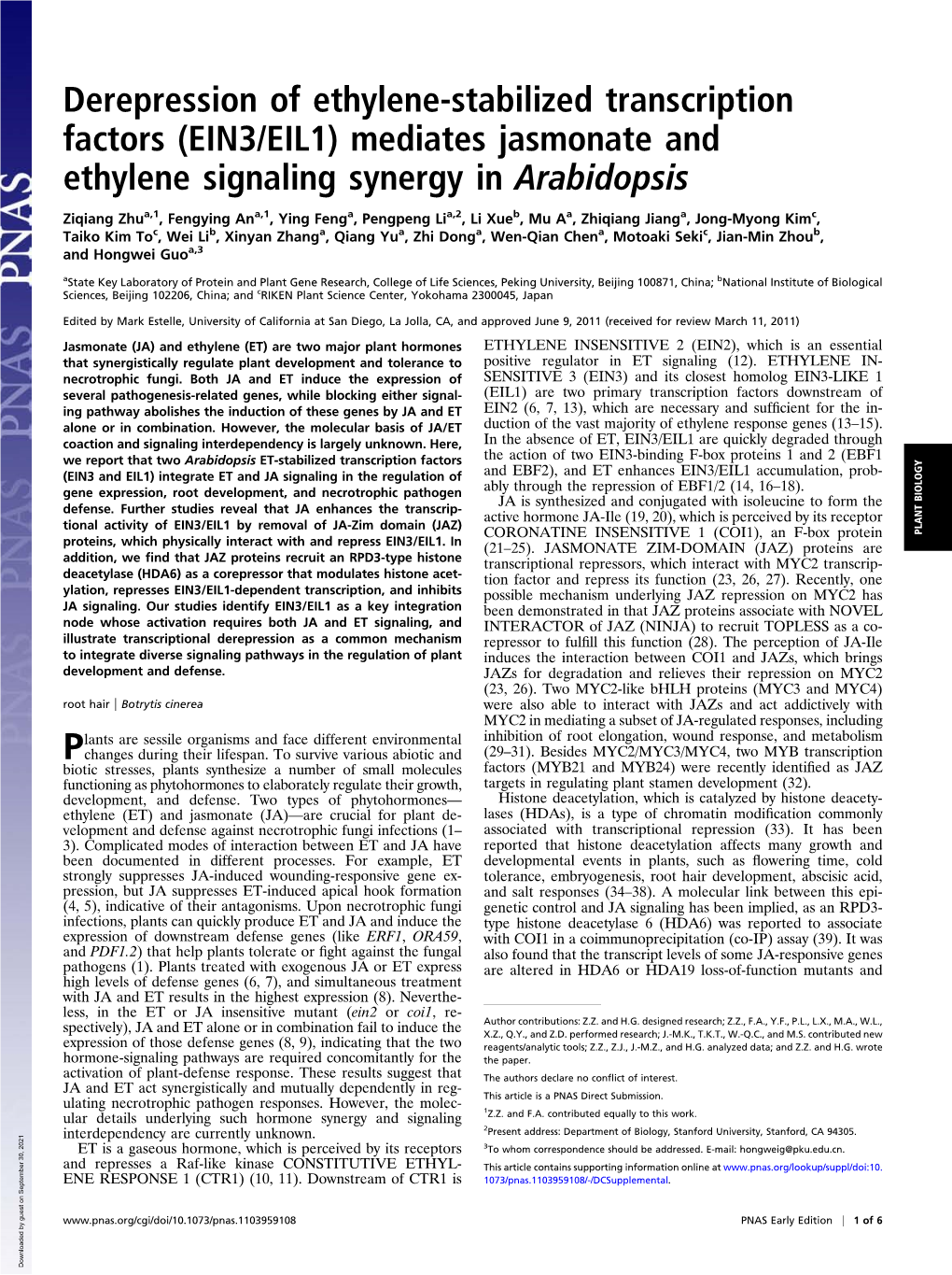 Derepression of Ethylene-Stabilized Transcription Factors (EIN3/EIL1) Mediates Jasmonate and Ethylene Signaling Synergy in Arabidopsis