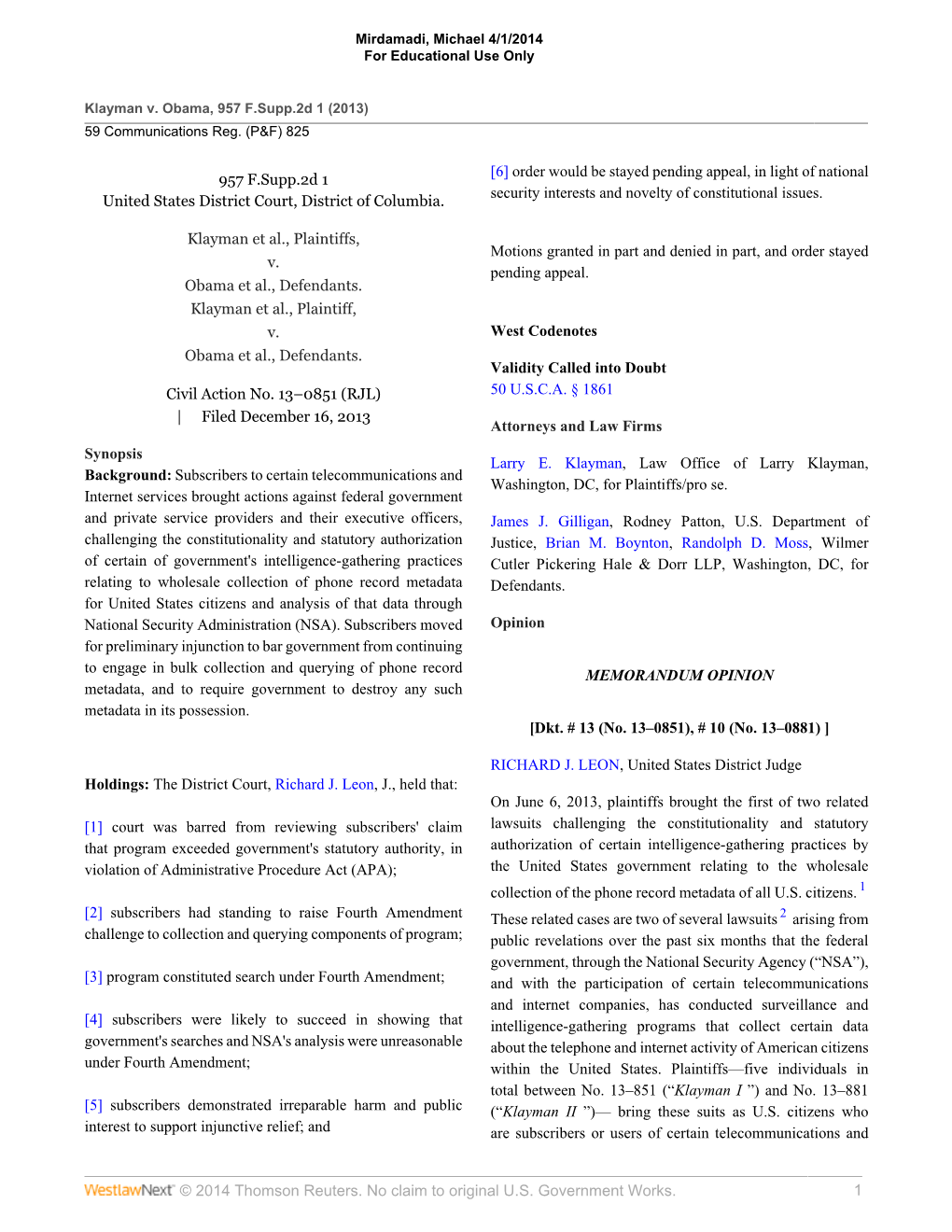 Klayman V. Obama, 957 F.Supp.2D 1 (2013) 59 Communications Reg