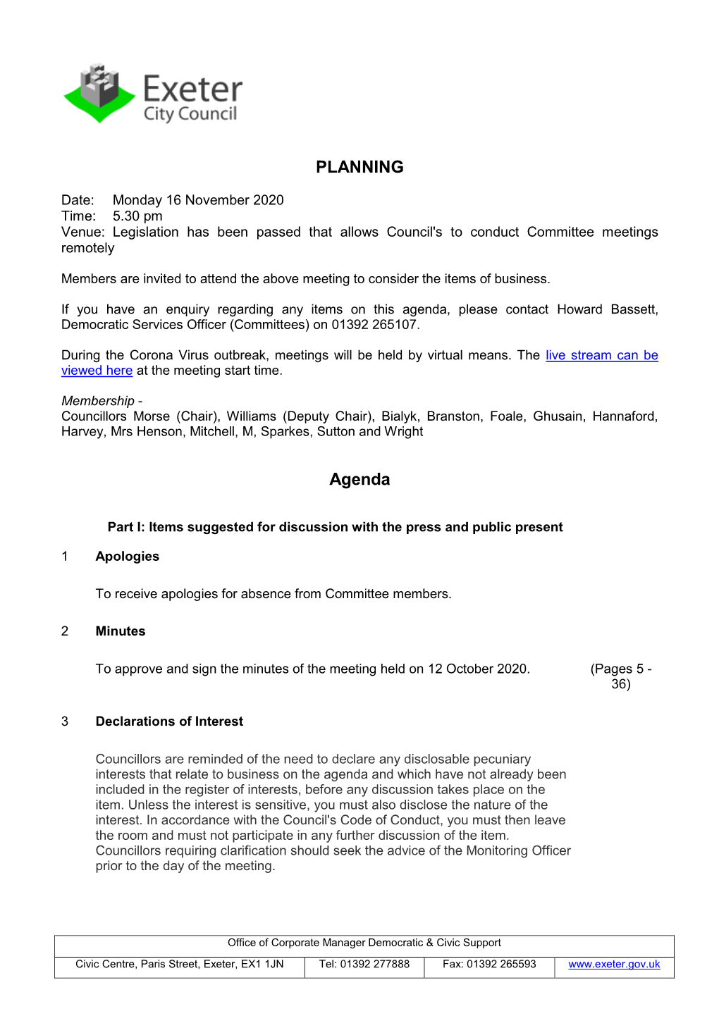 (Public Pack)Agenda Document for Planning Committee, 16/11/2020 17:30