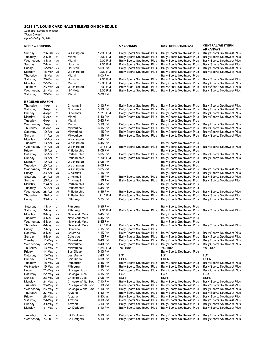 2021 Cardinals TV Schedule Bally Sports Southwest Plus AR-OK.Xlsx