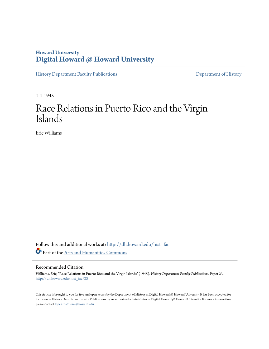 Race Relations in Puerto Rico and the Virgin Islands Eric Williams