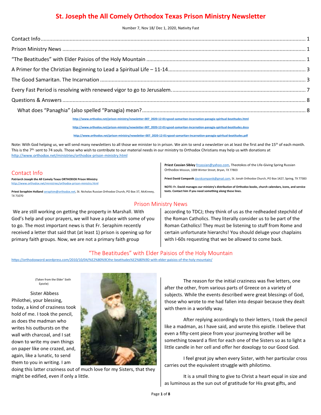 St. Joseph the All Comely Orthodox Texas Prison Ministry Newsletter