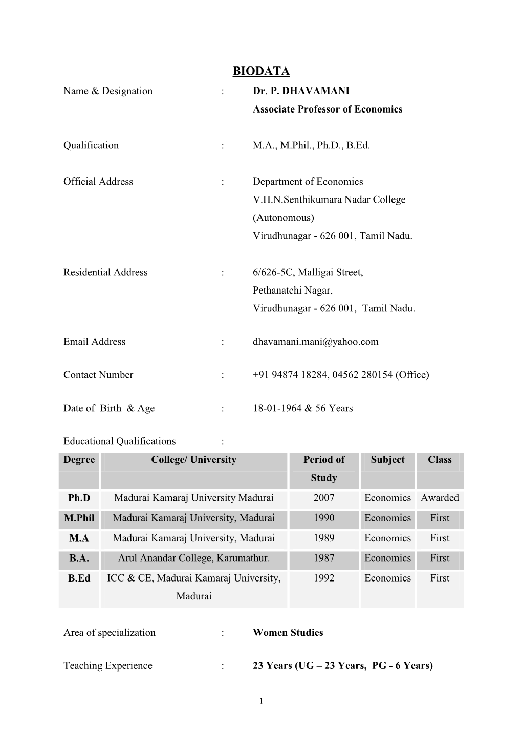 BIODATA Name & Designation : Dr