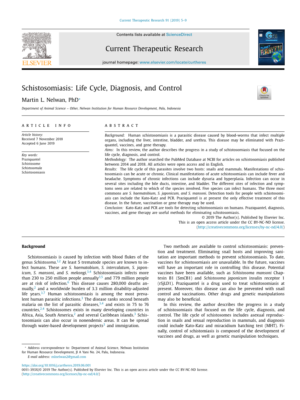 Schistosomiasis: Life Cycle, Diagnosis, and Control