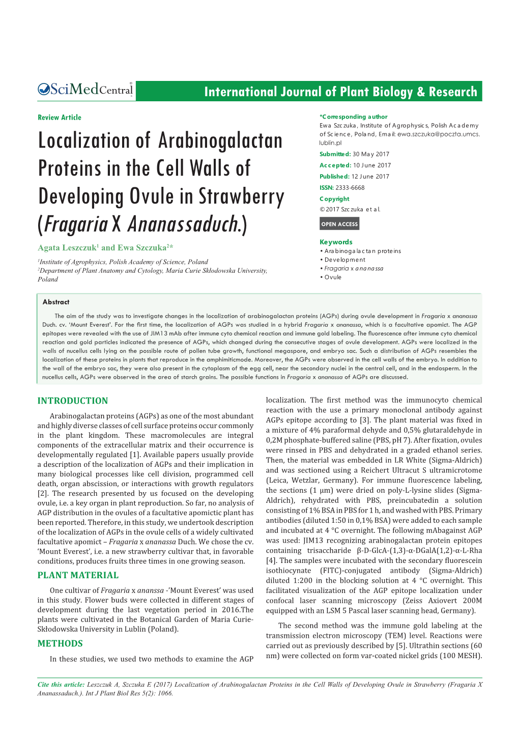 Localization of Arabinogalactan Proteins in the Cell Walls of Developing Ovule in Strawberry (Fragaria X Ananassaduch.)