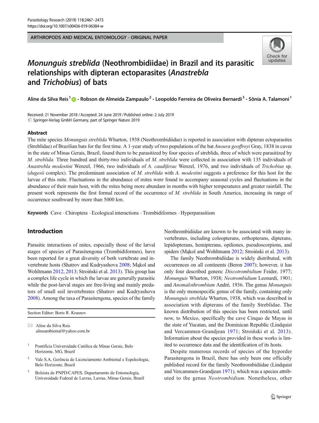 In Brazil and Its Parasitic Relationships with Dipteran Ectoparasites (Anastrebla and Trichobius)Ofbats