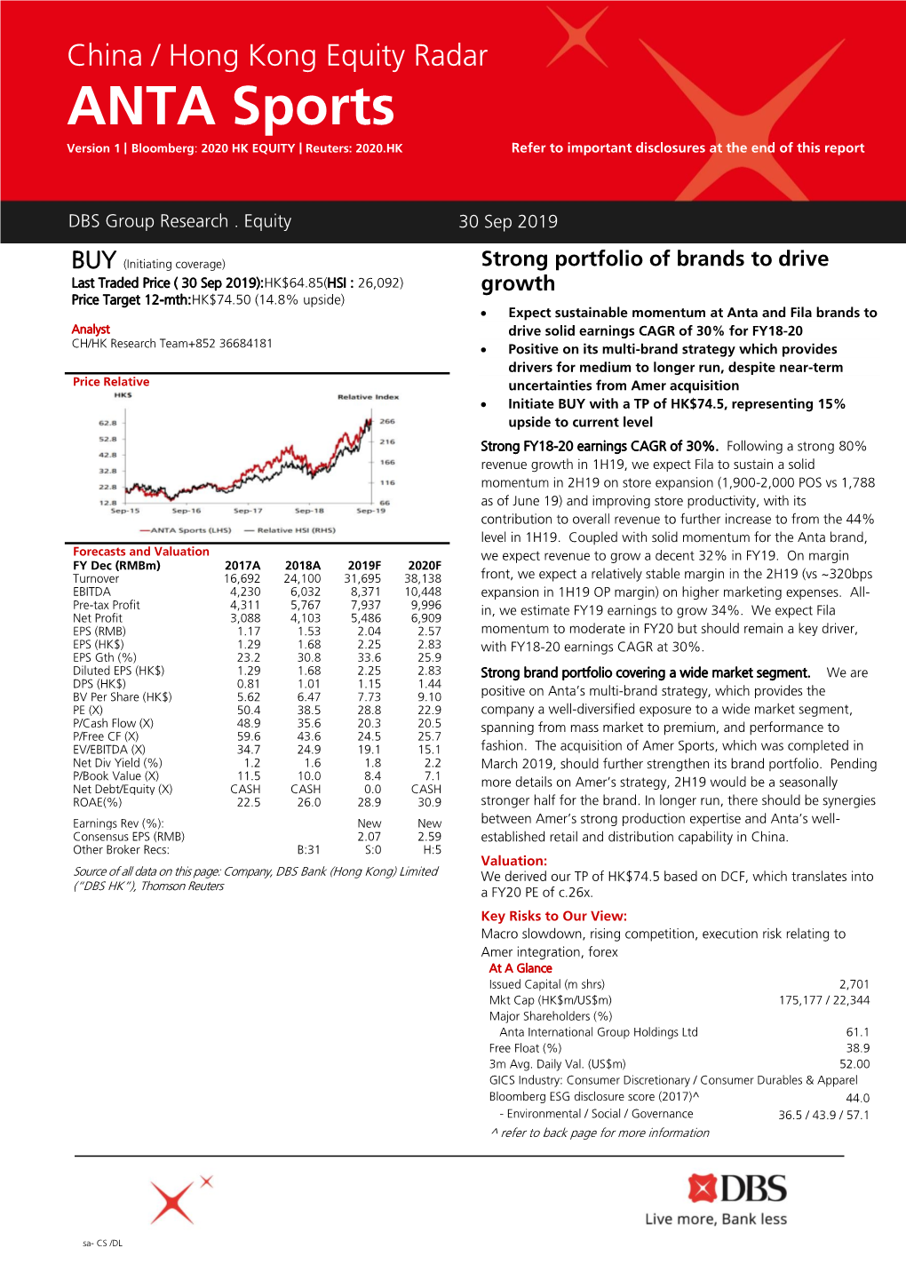 ANTA Sports Version 1 | Bloomberg: 2020 HK EQUITY | Reuters: 2020.HK Refer to Important Disclosures at the End of This Report