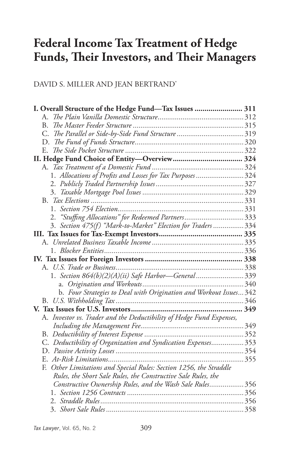 Federal Income Tax Treatment of Hedge Funds, Their Investors, and Their Managers