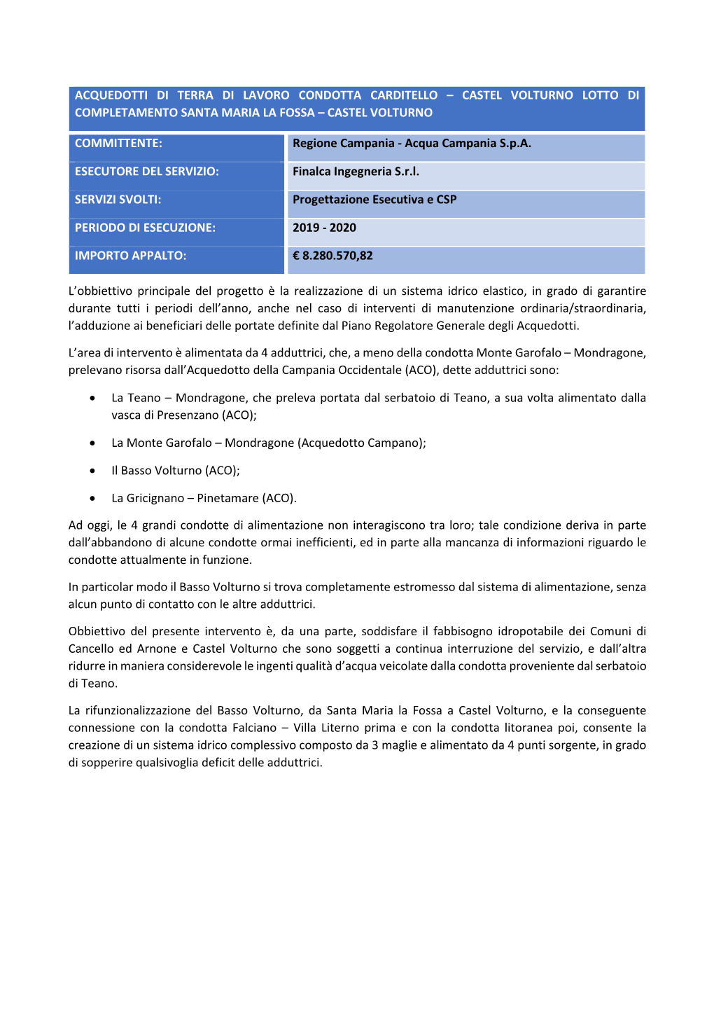 Acquedotti Di Terra Di Lavoro Condotta Carditello – Castel Volturno Lotto Di Completamento Santa Maria La Fossa – Castel Volturno