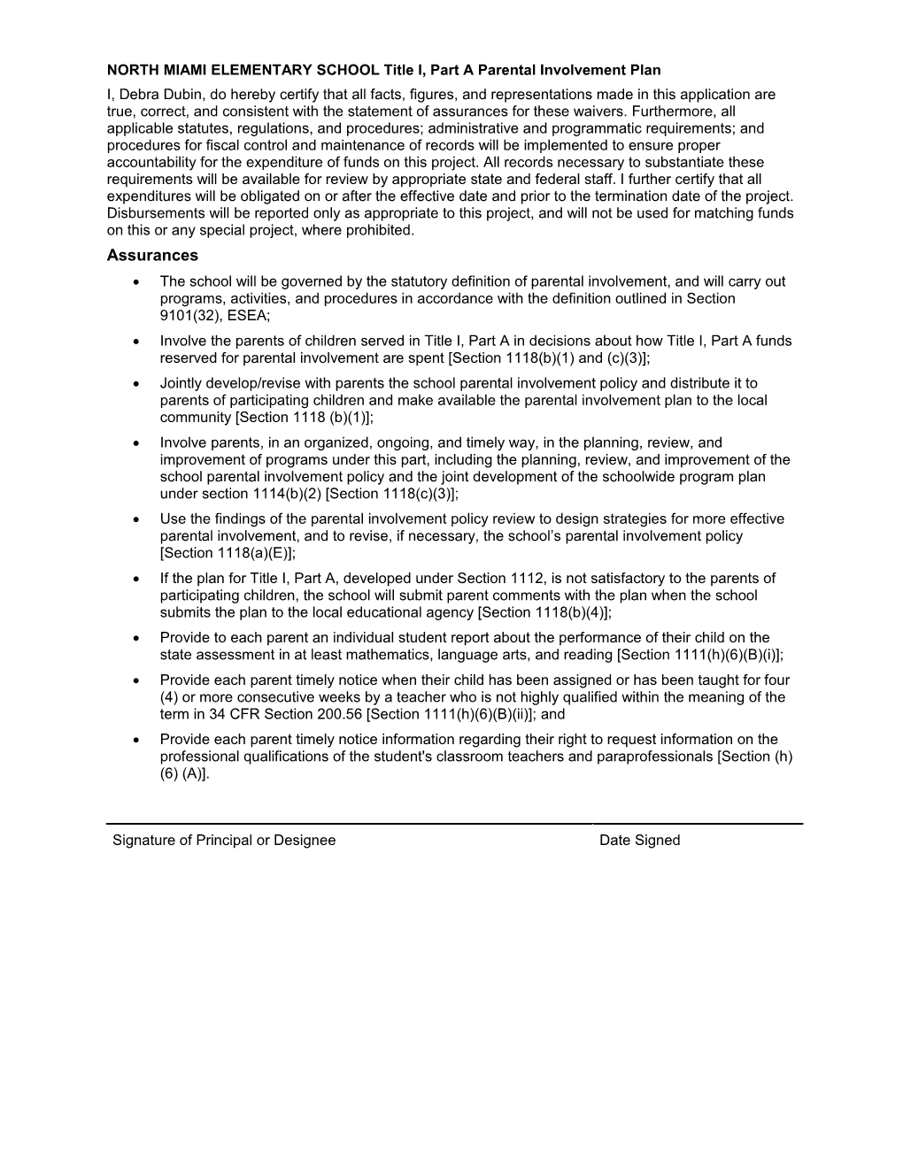 NORTH MIAMI ELEMENTARY SCHOOL Title I, Part a Parental Involvement Plan