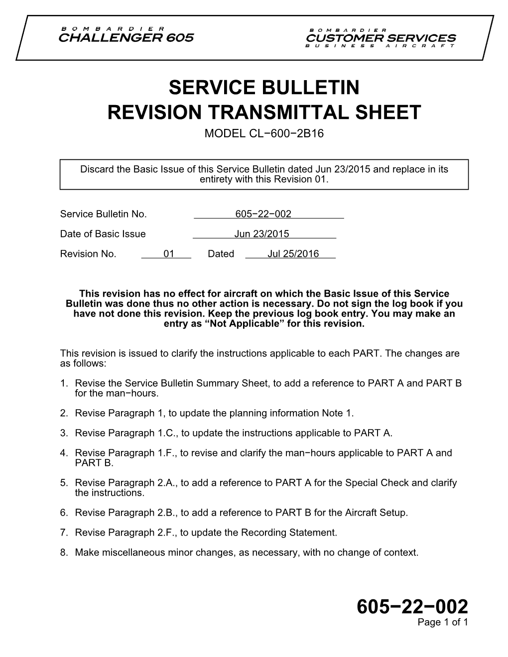 Service Bulletin 605−22−002 Revision Transmittal Sheet