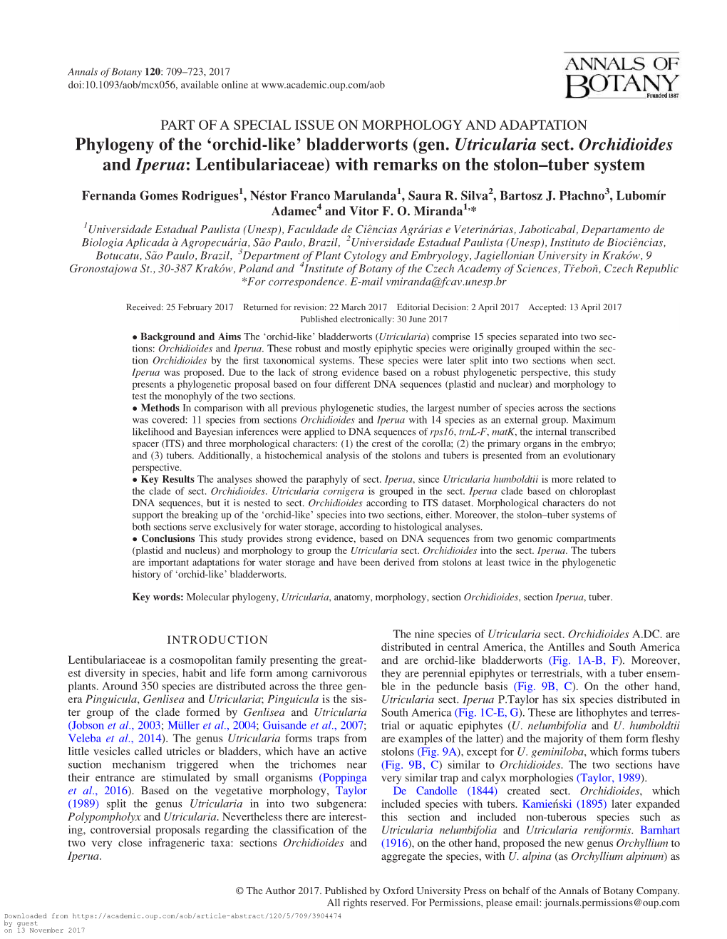 Phylogeny of the 'Orchid-Like' Bladderworts (Gen. Utricularia Sect. Orchidioides and Iperua: Lentibulariaceae) with Remarks